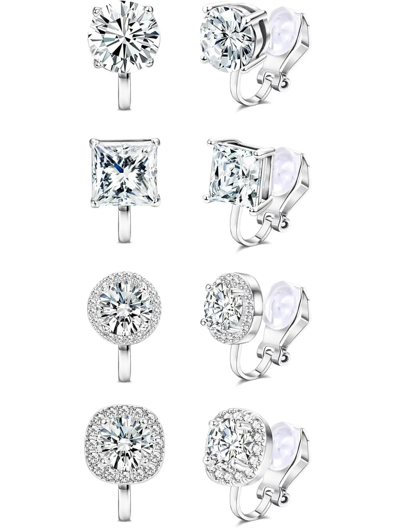 Cubic Zirconia Clip on Earrings - Women Hypoallergenic Comfortable Non Pierced Stud Earrings for Wedding and Dance Competitions, Clip-on Earrings Silver Gold