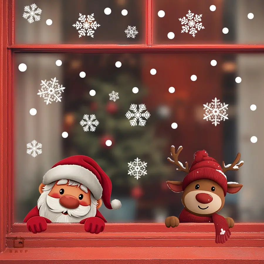 2-Pack Christmas Window Stickers, Santa and Reindeer Static Cling, Snowflake Glass Decals, Home Decor, Festive Display