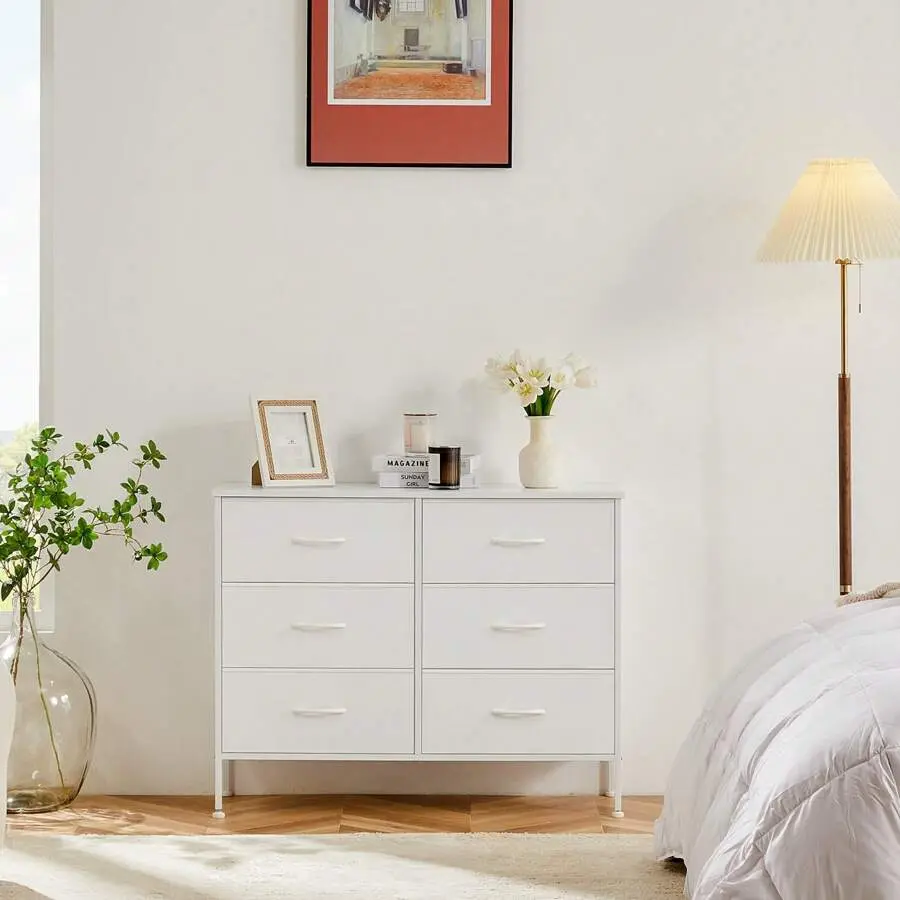 6-Drawer Wide Wood MDF Wood Dresser - Sturdy Single Unit Bedroom Storage Cabinet with Metal Frame, Wooden Top, TV Stand Function, Suitable for Kids Spaces, Baby Dresser, Nursery