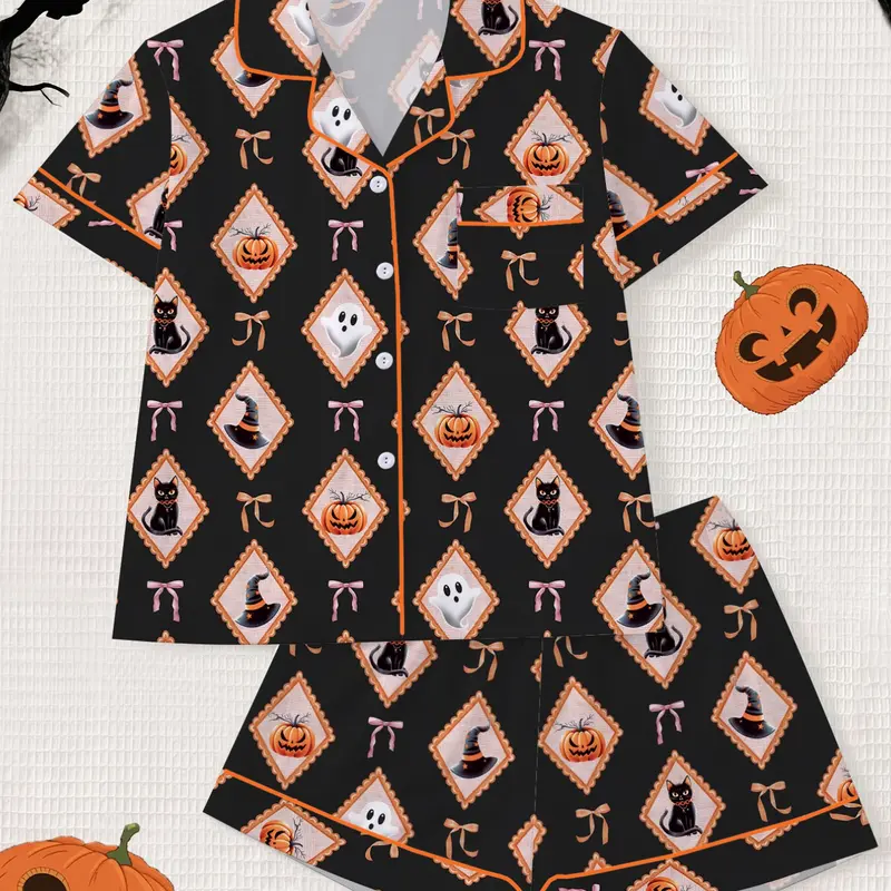 【Halloween】Halloween Print Women's Pajama Set, Short Sleeve Button-Up Top & Elastic Shorts, Casual Home Wear, Festive Sleepwear, Comfortable Lounge
