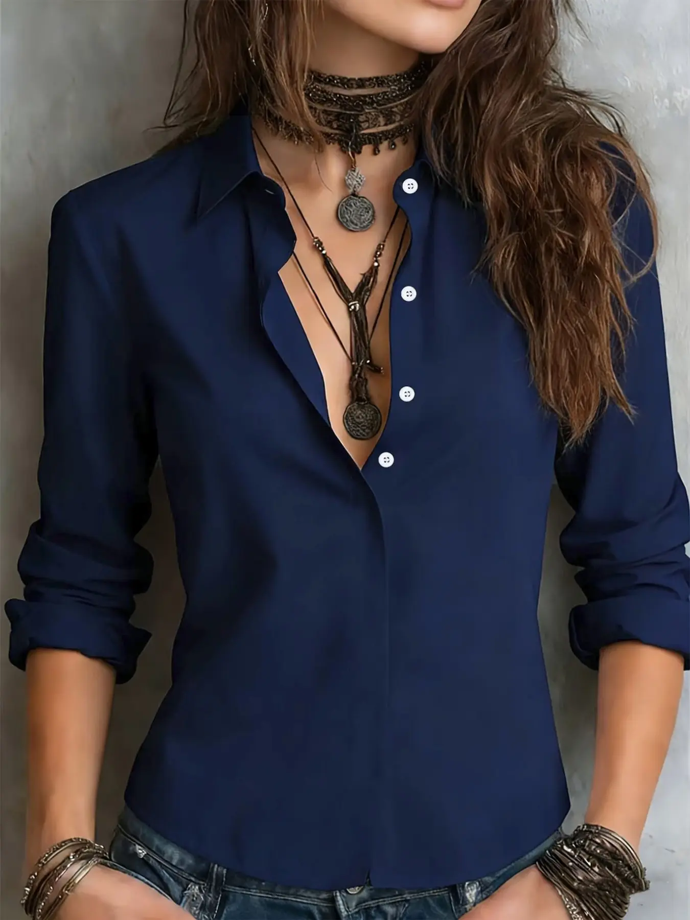 Women's Solid Color Long Sleeve Shirt, Lapel Design, Professional Look, Comfortable Fabric, Ideal for Office Wear, Elegant and Stylish
