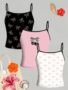 Girls' Cute Bow Print Sleeveless Spaghetti Strap Tank Top Set, Leopard & Cherry Bows, Adjustable Straps, Fitted Vest, 3-Piece, All Seasons Casual Wear