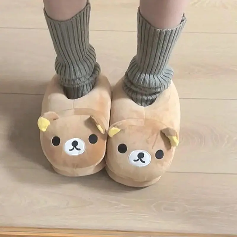 Rilakkuma Cartoon Anime Winter Couple Cotton Indoor House Shoes - Flat, Soft Foam, Thick, Warm, Non-Slip, All-Inclusive (Home Supplies, Party Gifts)