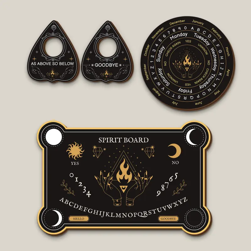2D flat wooden Ouija board divination set with 2 planchettes, an astrological pendulum and an ephemeris disc; gold foil flame palm witch Ouija board kit, suitable for Wiccan altar decorations, a Gothic Halloween gift for spiritual practit Practitioners