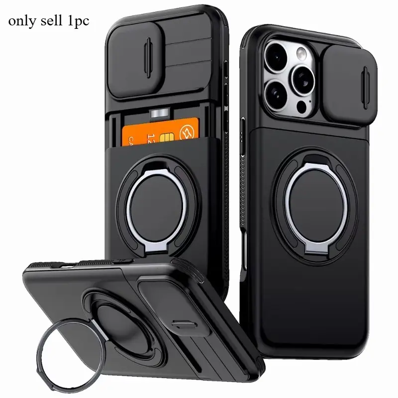 Military Shockproof Armor Case For iPhone 18/17/16/15/14/13/12/Pro Max/Plus Card Slot Holder, 360° Rotatable Ring Kickstand, Slide Camera Lens Protective Cover