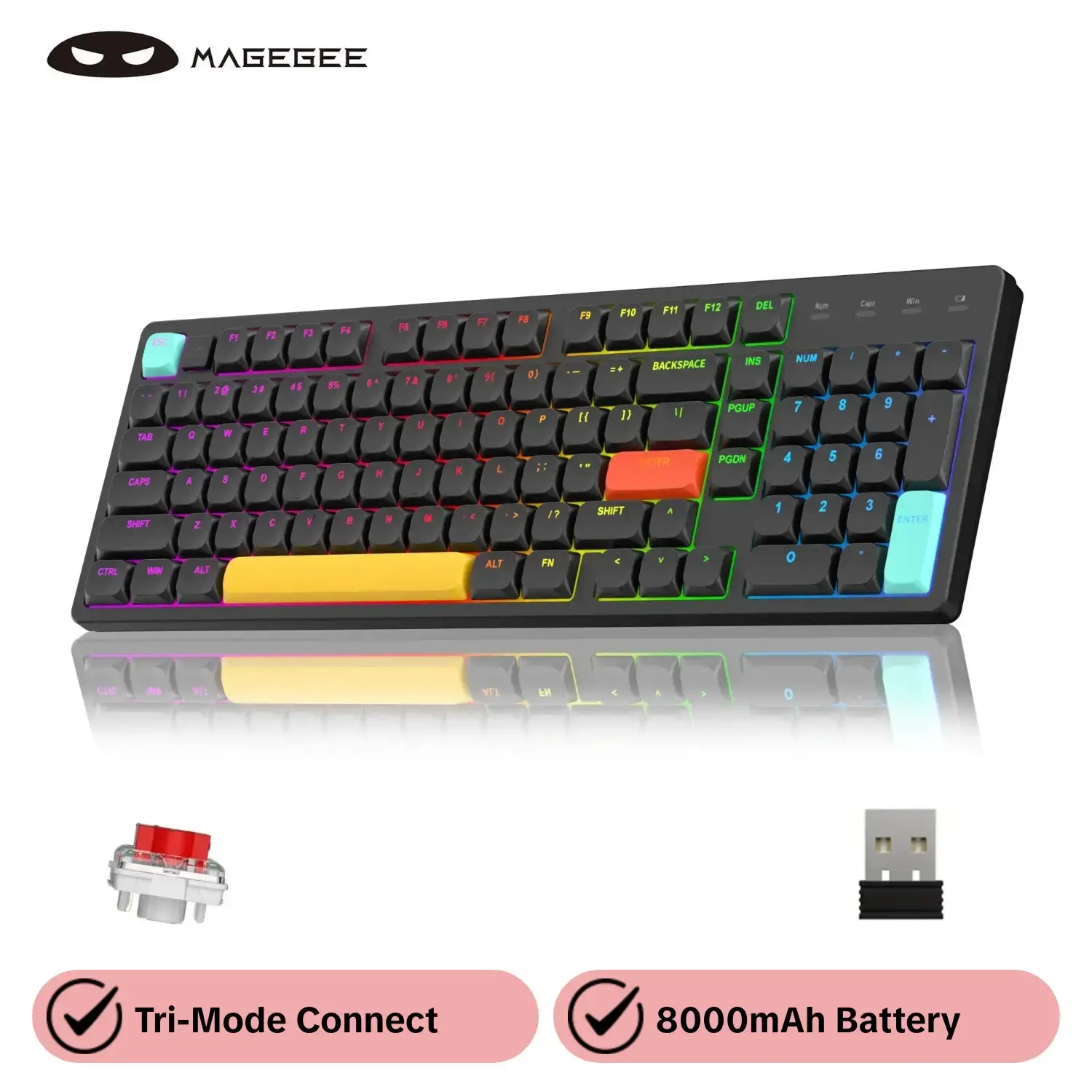 MageGee Moo98 Low-Profile Wireless Illuminated Lighted Mechanical Keyboard, BT5.0/2.4GHz/USB-C Ultra-Thin Design RGB Backlit Office Keyboard for Win/Mac, 8000mAh Battery, Linear Red Switch, RGB Lighting Keyboard, USB Rechargeable Keyboard