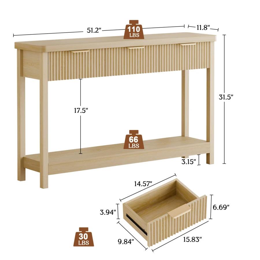 Furniture Fluted Console Table with Drawers, Modern 47.1" Entryway Table with Storage Shelf, Boho Narrow Skinny Behind Couch Wood Sofa Table for Living Room Hallway Entrance Foyer