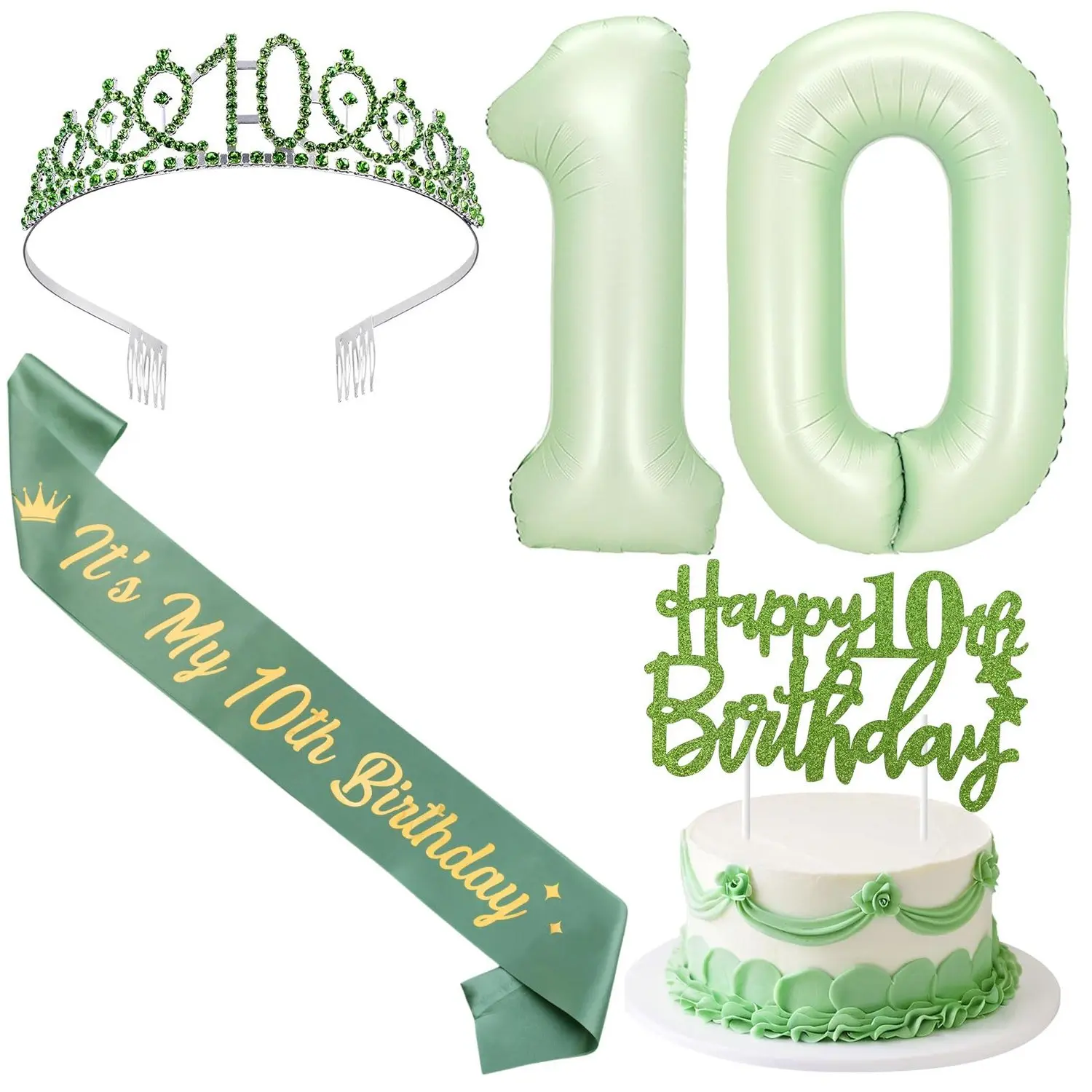 1Set 12th Birthday Decorations for Girls Sage Green Including Happy 12th Birthday Sash and Tiara Glitter Cake Topper and Number 12 Foil Balloon for 12 Fabulous Year Old Girl Bday Decorations
