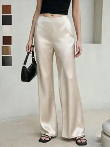 Elegant Acetate Satin Long Pants for Women, High-Waisted Straight Leg Wide Leg Pants, Office Wear Outerwear, Premium Quality