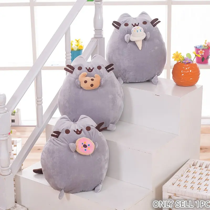 Cuddly bear with a doughnut-shaped ice cream sandwich, cookie cat figurine, gray, smiling cat plush toy, Soft Huggable, Stuffed Animal Gifts, Cute stuffed animal, anime cat toy accessory gift for girlfriend, Valentine’s Day gift, birthday gift