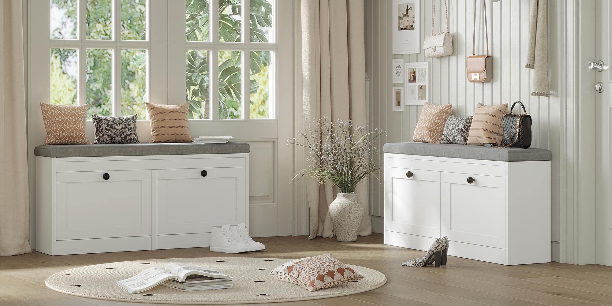 VOWNER Shoe Bench with 2 Flip Drawers, Shoe Organizer Storage Bench with Adjustable Shelves for Entryway, Hallway, Living Room (White)