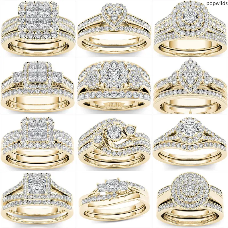 Couple's Matching Gold-Plated Ring Set with Sparkling Cubic Zirconia Inlay, Promise Jewelry Gift for Lovers, Romantic Gifts
