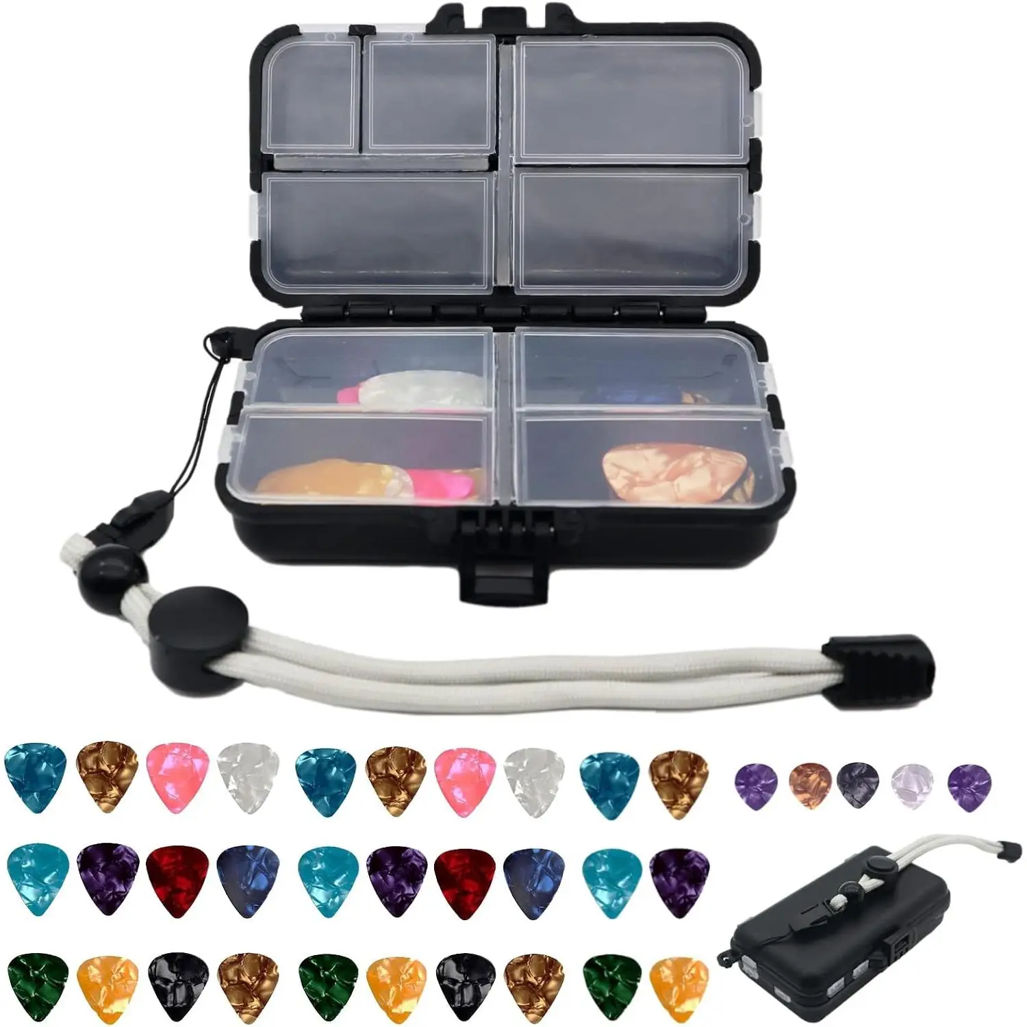 Guitar Pick Holder with 35 Picks in 4 Sizes 4 Thickness Celluloid Guitar Pick, Guitar Picks Set 9 Grids Case Portable Picks Organizer Box with Adjustable Nylon Wrist Strap Lanyard