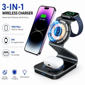 Premium Metal 3-In-1 Magnetic Wireless Charger, Compatible with iPhone 17/16/15/14/13/12, Apple Watch & AirPods, Modern Desk Stand
