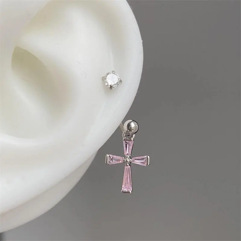 1PCS Pink Zircon Cross 316L Stainless Steel Annular Ear Bone Nail New Fashion U-shaped Earrings for Women Y2K Punk Jewelry