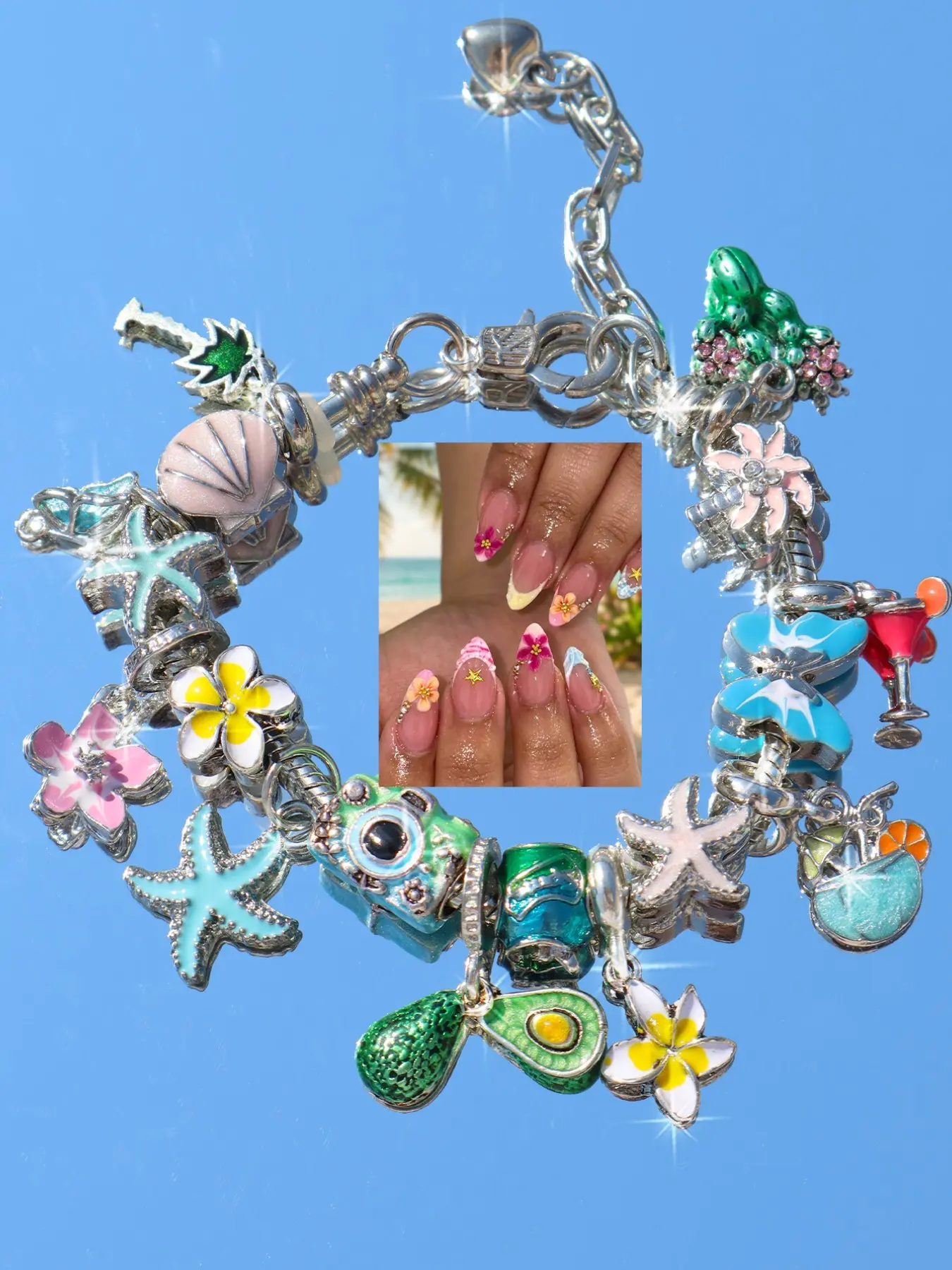 Summer Vacation Style Egg Flower Charm Bracelet, Beach Cherry Blossom Starfish Shell Coconut Tree Bracelet, Summer Butterfly Flower Cactus Bracelet, Hand Chain