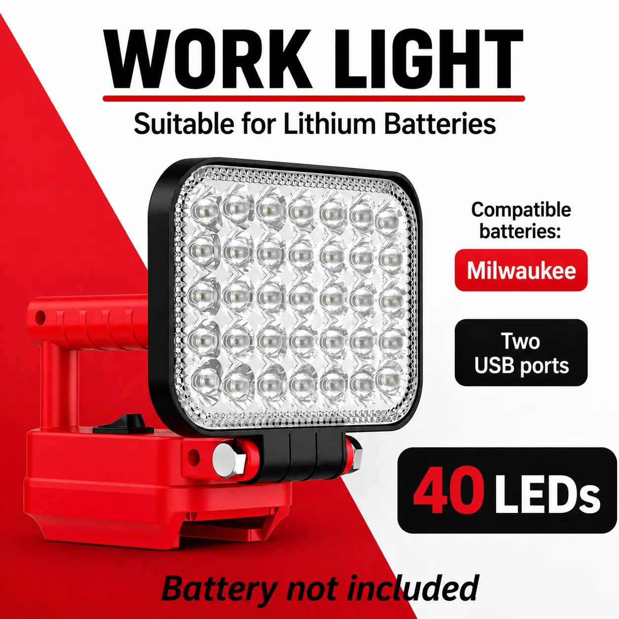 Wireless LED Work Light for Milwaukee 18v Battery, 15w 1800lm Wide Beam, Dual USB Charging Ports, Ideal for Emergency, Workshop, Garage