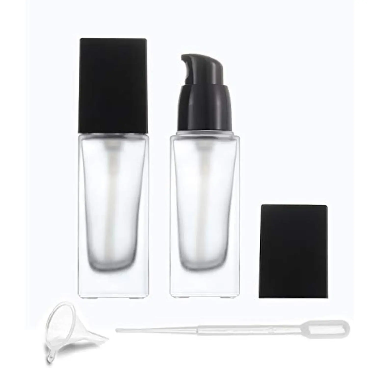 2 Pack 30ml/1 oz Frosted Glass Foundation Bottles with Press Pump, Empty Refillable Square Lotion Bottles for Liquid, Cream, Cosmetic Travel, Includes Pipette & FunnelGift
