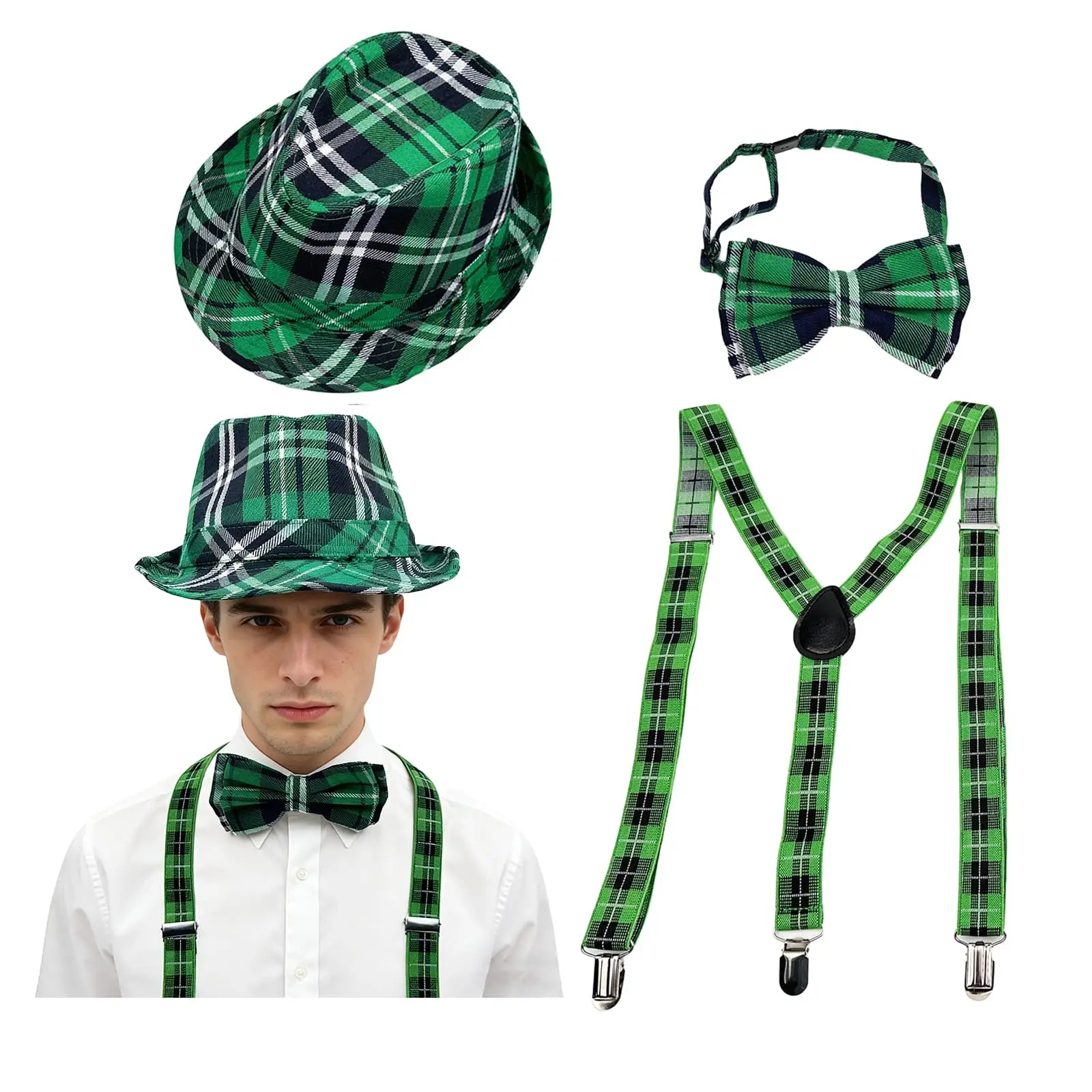 3Pcs Men's St. Patrick's Day Green Plaid Fedor Hat Bow Tie Suspender Costume Set