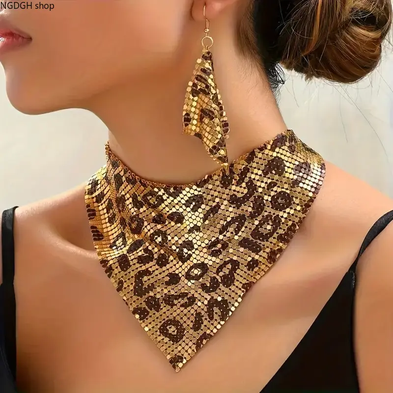 Leopard Print Necklace Set, Women's Sequin Mesh Bib Choker with Hook Earrings, Statement Jewelry for Evening Parties, Female