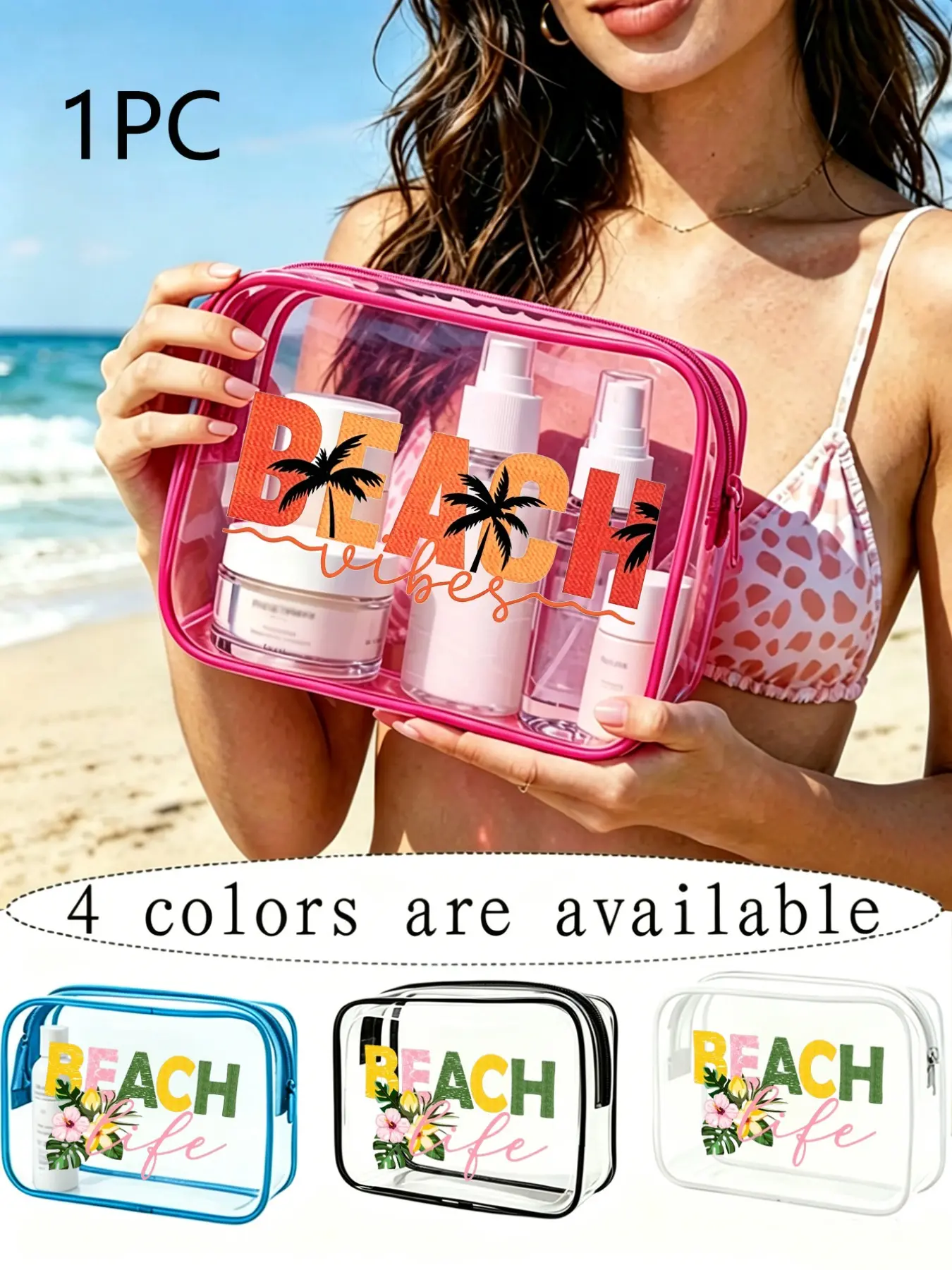 Summer Beach Vibes Clear PVC Cosmetic Bag, Tropical Palm Print, Waterproof Transparent Makeup Pouch, Portable Travel Toiletry Organizer