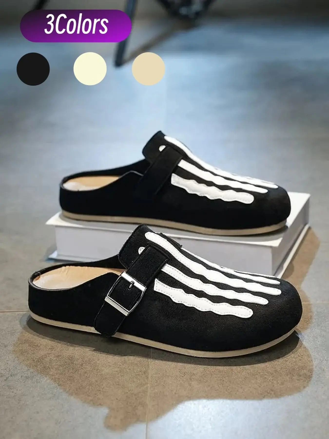 Men's cool retro unique bone pattern mule toe slides Footwear with faux suede splicing applique and adjustable buckle comfortable soft sole for holiday parties commuting shopping casual scenarios
