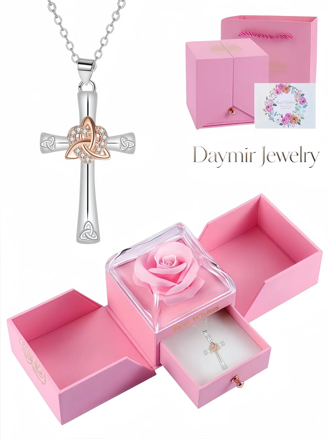 "Sacred Infinite Cross Gem" Celtic endless woven cross necklace with surprise double-door everlasting rose jewelry box. Perfect gifts for dates, Valentine’s Day and Christmas.