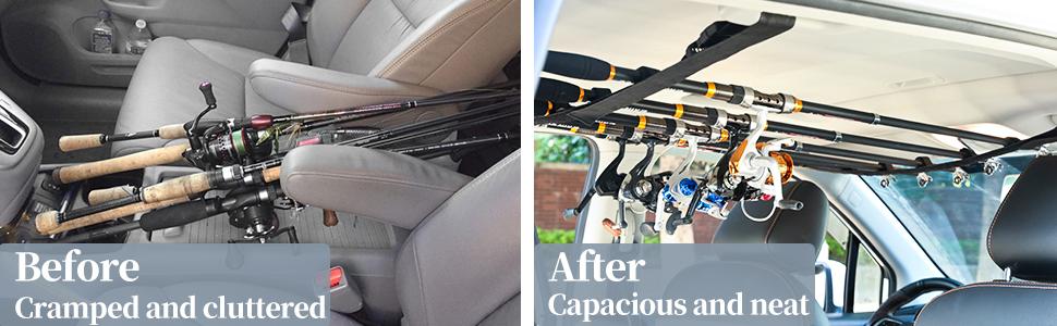 MOKO Vehicle Fishing Rod Holder, Car Fishing Pole Roof Rack Inside, 5 Rod Capacity, Heavy Duty Adjustable 30-54 Inch, Fishing Rod Carrier Fishing Pole Storage Straps for Truck Car SUV Wagons Van