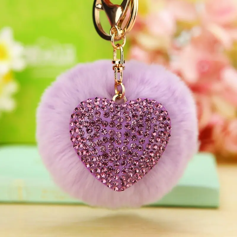 Rhinestone Heart Pom Pom Keychain for Women Cute Car Key Ring Korean Style Bag Charm Sparkly Faux Fur Purse Pendant for Handbag Backpack Gift Daily Use