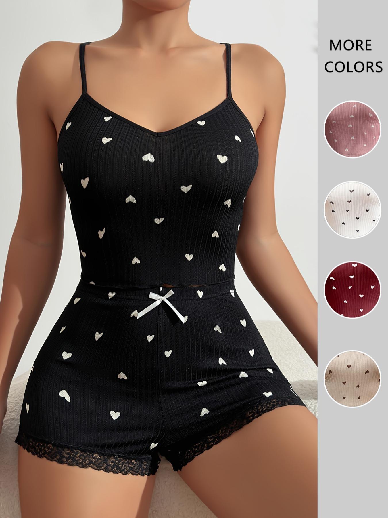 Women's All Over Heart Print Sheer Cami Top & Bow Front Contrast Lace Shorts Pyjama Set, Lounge Set, Cute Comfy Spaghetti Strap Sleeveless Top & Shorts Pj Lounge Co-ord Set, Summer Outfits 2024