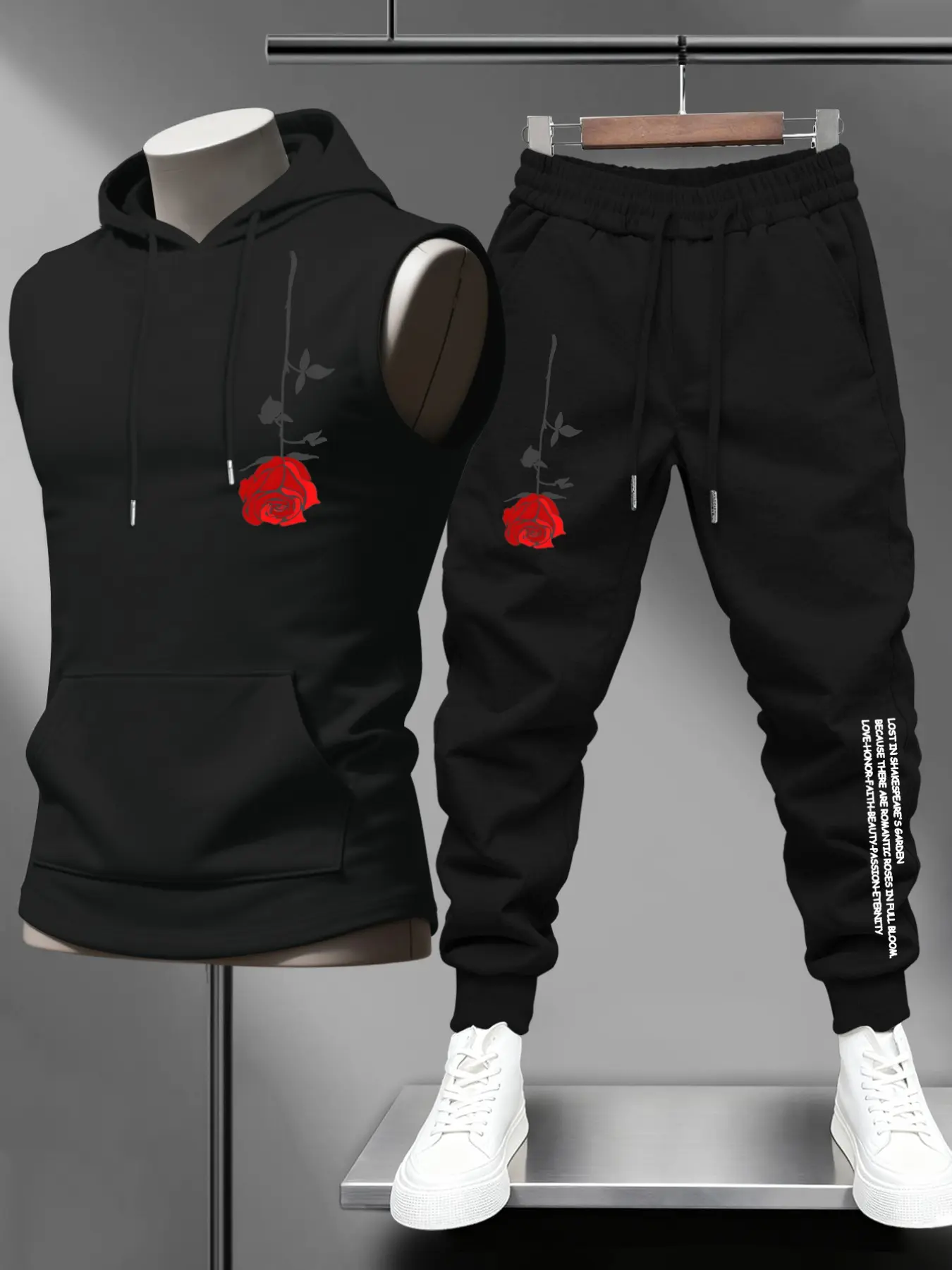 Men's Fashion Hooded Vest Long Pants Set, Rose Print, Romantic English Slogan Design, Valentine's Day Gift, Casual Loose Fit Sport Matching Couple Set