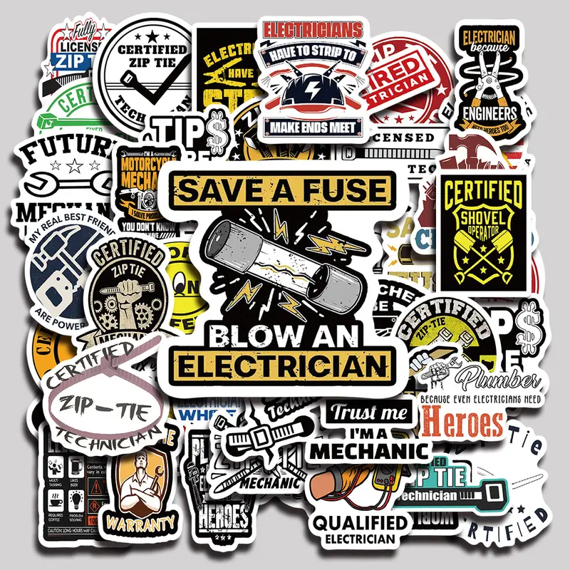 65PCS Zipper Certified Funny Technician Mechanic Electrician Aesthetic Vinyl Stickers Pack for Laptop Water Bottle Phone Case Skateboard Journal Scrapbook DIY Decoration