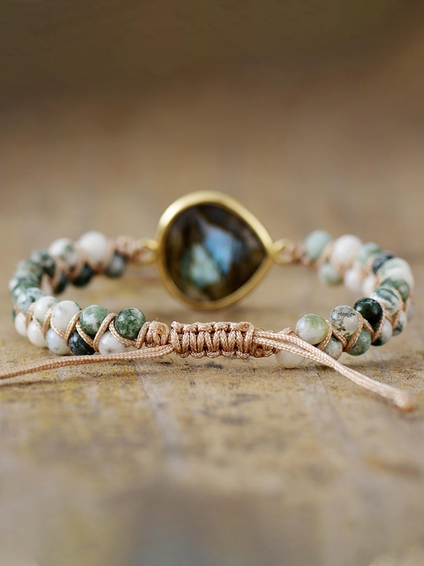 Boho Style Natural Stone Braided Bracelet, Beaded Bracelet, Adjustable Braided Bracelet for Women & Men, Fashion Accessories for Daily Wear, Solstice Gemstone Bracelet