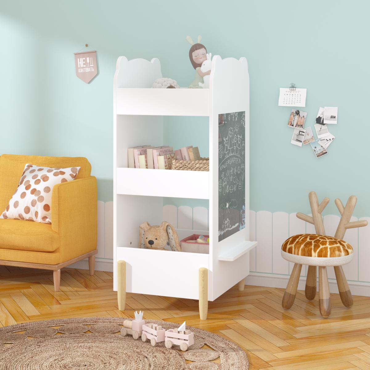 Kids Bookshelf with Chalkboard Side – Bear-Shaped Wooden Bookcase with 3-Tier Storage, Drawing Board for Toddlers, Toy and Book Organizer for Playroom or Bedroom – White