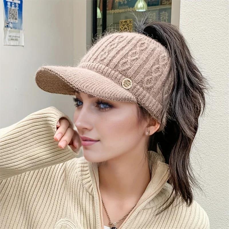 2025 Autumn and Winter Women's Warm Knitted Ponytail Sunshade Hat - Thick Warm Earcup Baseball Hat with Adjustable Shoulder Straps Quality Caps