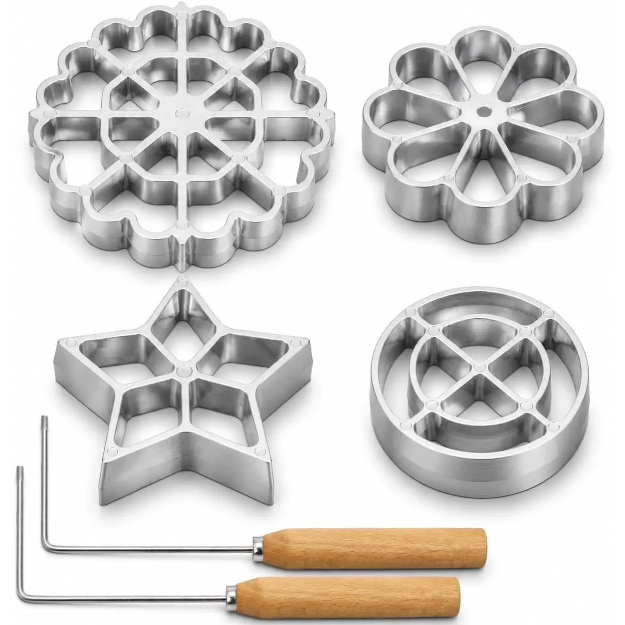 6 Pack Bunuelos Molds with Handles, Rosette Timbale Iron Set with 2 Interchangeable Heads, Aluminum Alloy Waffle Molds for Kitchen Baking, Lotus Star Cooking Stamp Houseware Tool