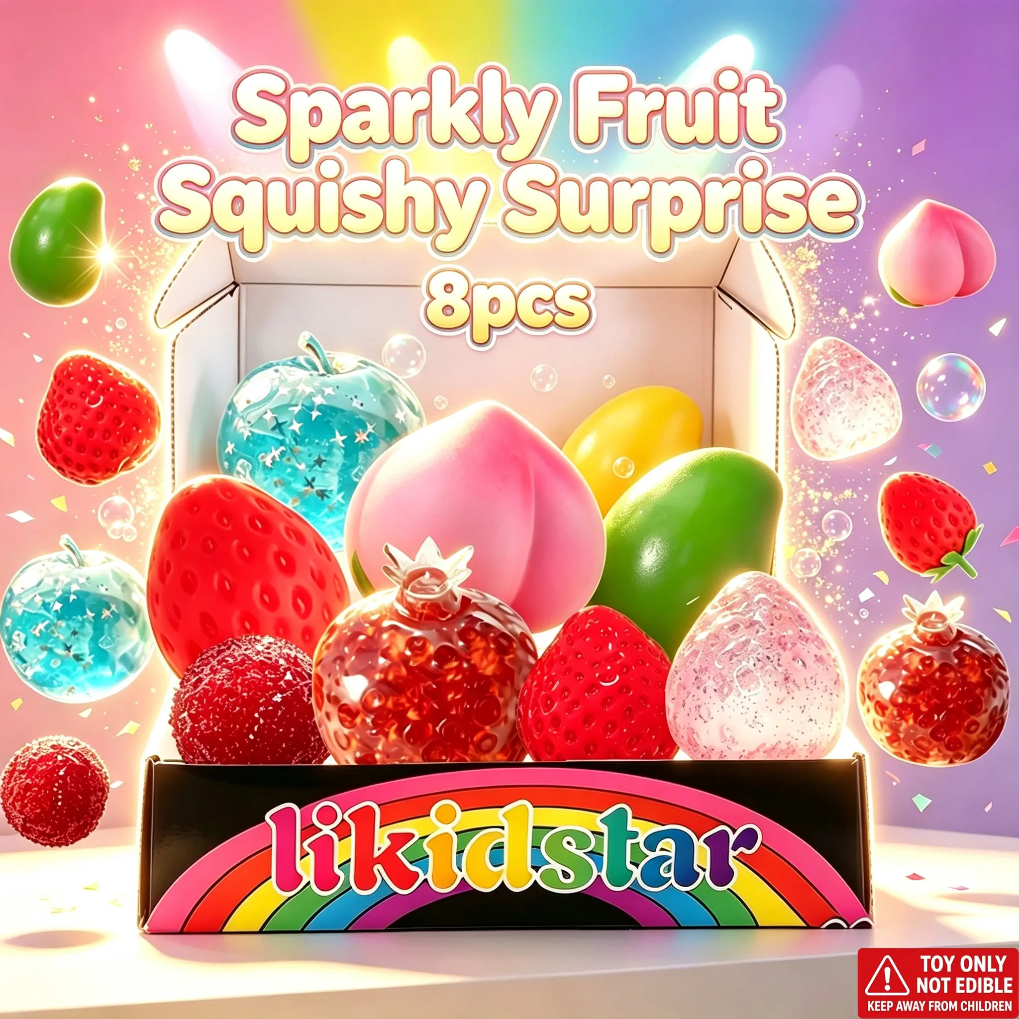 Sparkly Transparent Glitter Fruit Squishy Toy Set, 8 Pcs Lifelike Simulation Fruit Squeeze Fidget Toys, Full Set with Fixed Styles & Matching Colors, Soft TPR Sensory Stress Relief Toys, Perfect Birthday Gifts, Classroom Rewards & Lovely Desk Decor for Ki