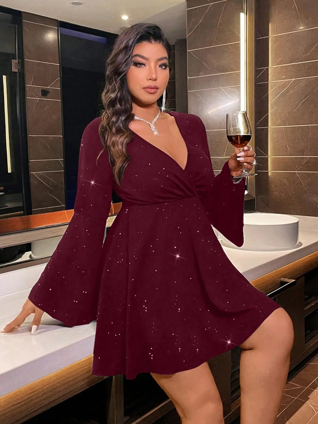 Elegant Plus Size Formal Evening Gown, Glamorous Party Dress, Rhinestone Sequin Decor, Deep V Cross Neck, Long Sleeve, Bridal Maid Wedding Dress
