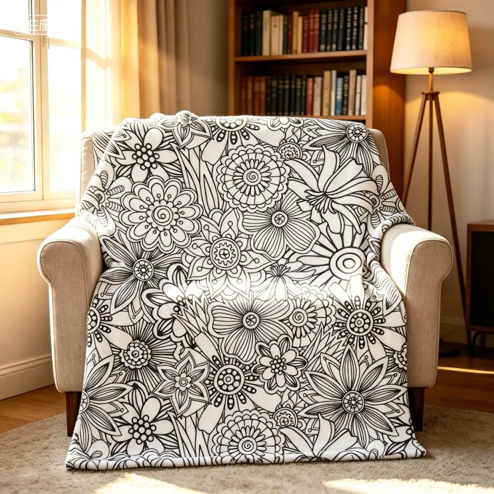DIY Coloring Flannel Blanket, Soft Cozy Lightweight Throw for Adult Blanket Kids Blanket, Stress Relief Doodle Floral Design Summer Cooling Air Conditioner Blanket for Sofa Bed Home Office Creative Gift