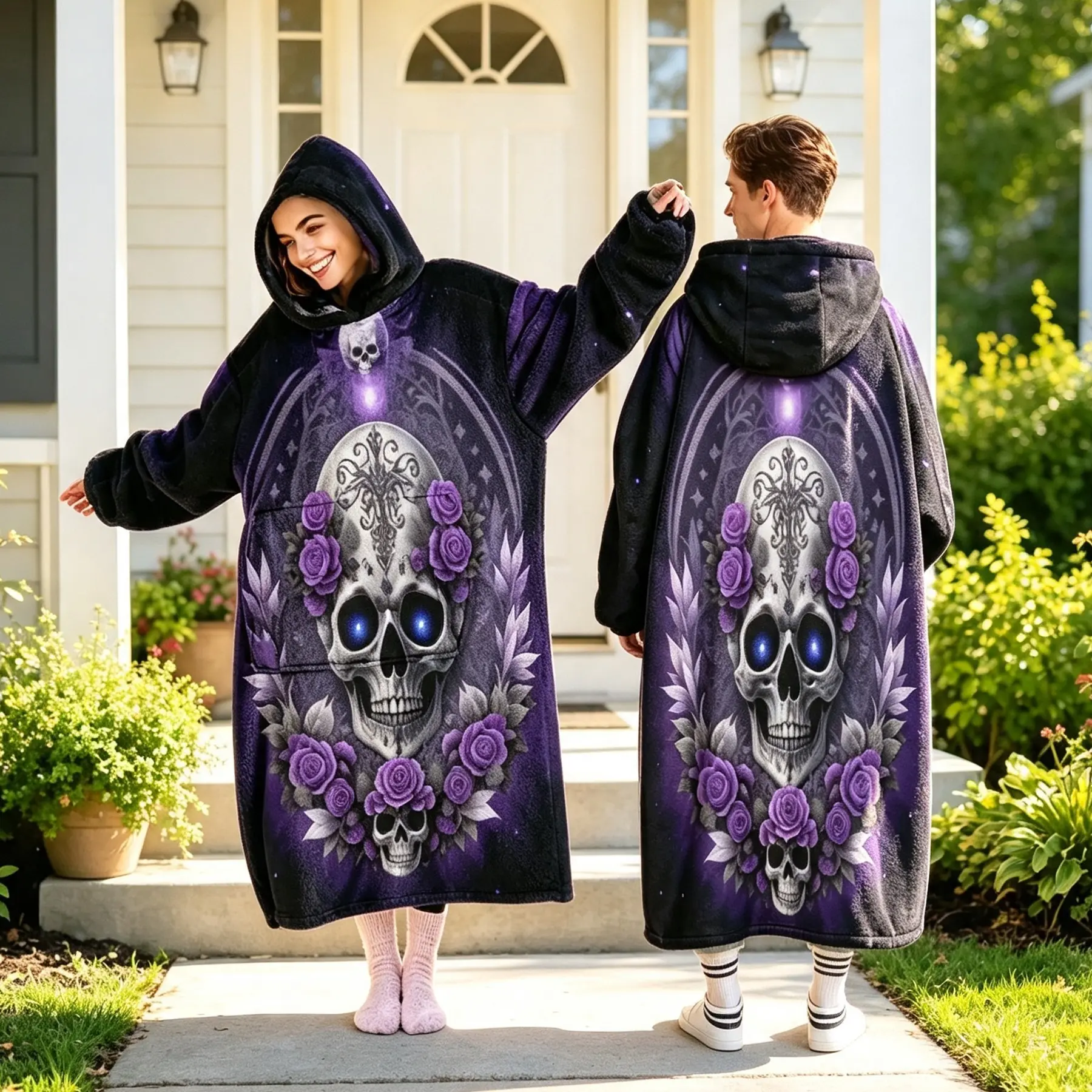 Rose Skull Wearable Hooded Blanket, Unisex Flannel Adult Sweatshirt Blanket, Comfortable Hooded Blanket with Large Pockets, Perfect Gift