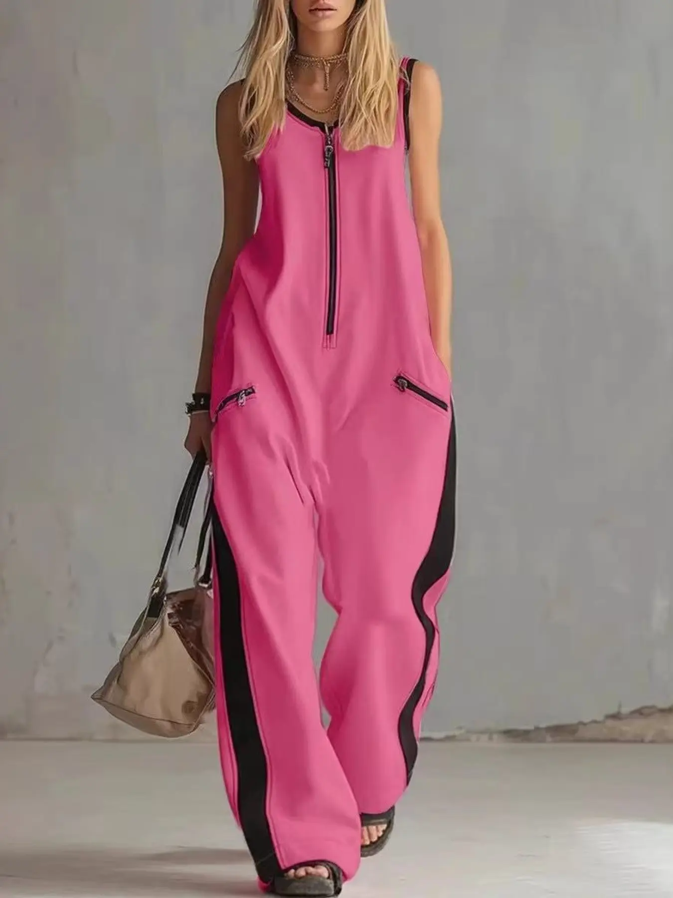 Women's Sporty Front Zipper Romper, Edge Colorblock Sleeveless Wide Leg Pants with Pockets, Casual Summer Jumpsuits Loose-Fitting All-Seasons