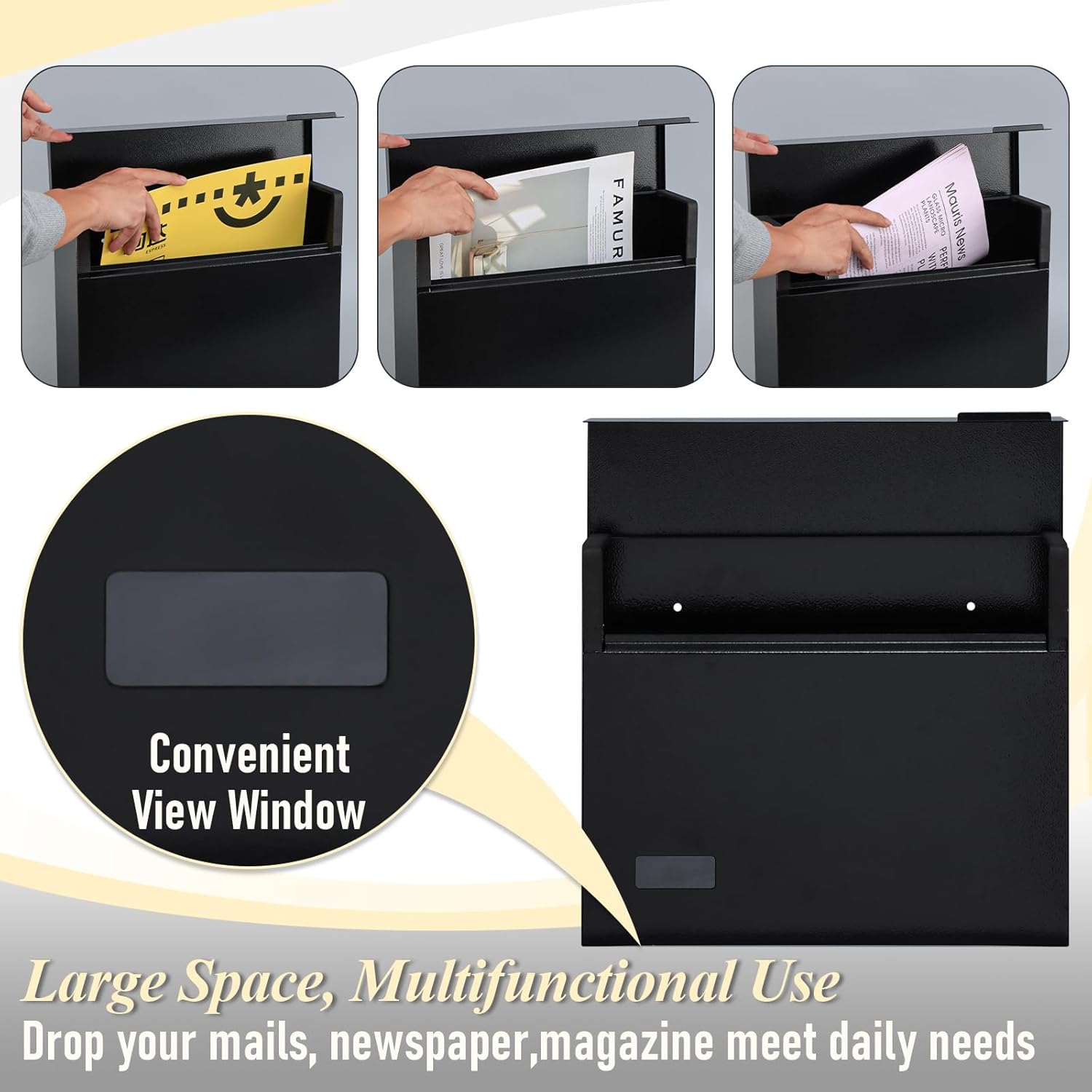 Mailbox Wall Mount Mailboxes for outside, Large Capacity Steel Hanging Metal Mailbox, Modern  Box, Black,14.6''x12.2''x4.1''