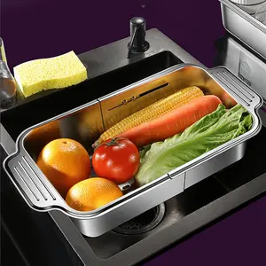 1pc, Stainless Steel Telescopic Over-the-Sink Colander Basket, Adjustable 8.25"x13.75"-17.25" Size for Rinsing Fruits, Vegetables, Draining Pasta & Drying Dishes, Essential Home Kitchen Tool