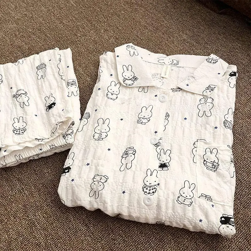 Cute Miffy Bunny K-trend Cartoon Sleepwear Set Rabbit Print Open-Front Loungewear for Women Cozy Home & Outdoor Wear Soft Cotton