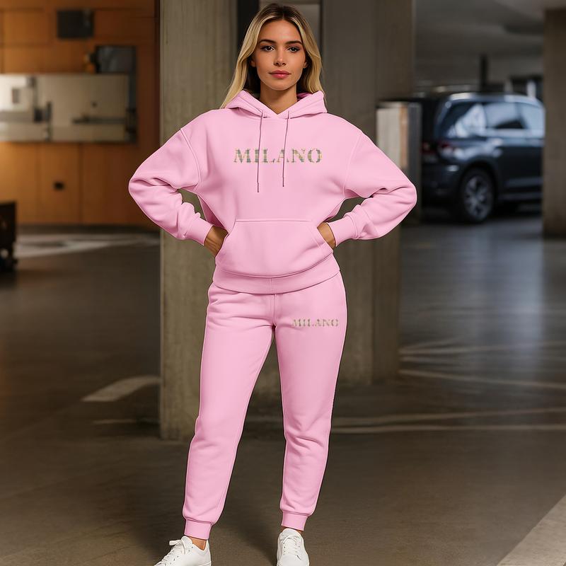 Women's MILANO Print Hoodie And Drawstring Track Pants Set, Casual Sportswear, Long-Sleeved Hooded Jacket And Pants, Suitable For Autumn And Winter, Everyday Wear, Indoor And Outdoor Sportswear, Casual Sportswear. Women's MILANO Print Hoodie And Drawstring Track Pants Set, Casual Sportswear, Long-Sleeved Hooded Jacket And Pants, Suitable For Autumn And Winter, Everyday Wear, Indoor And Outdoor Sportswear, Casual Sportswear.