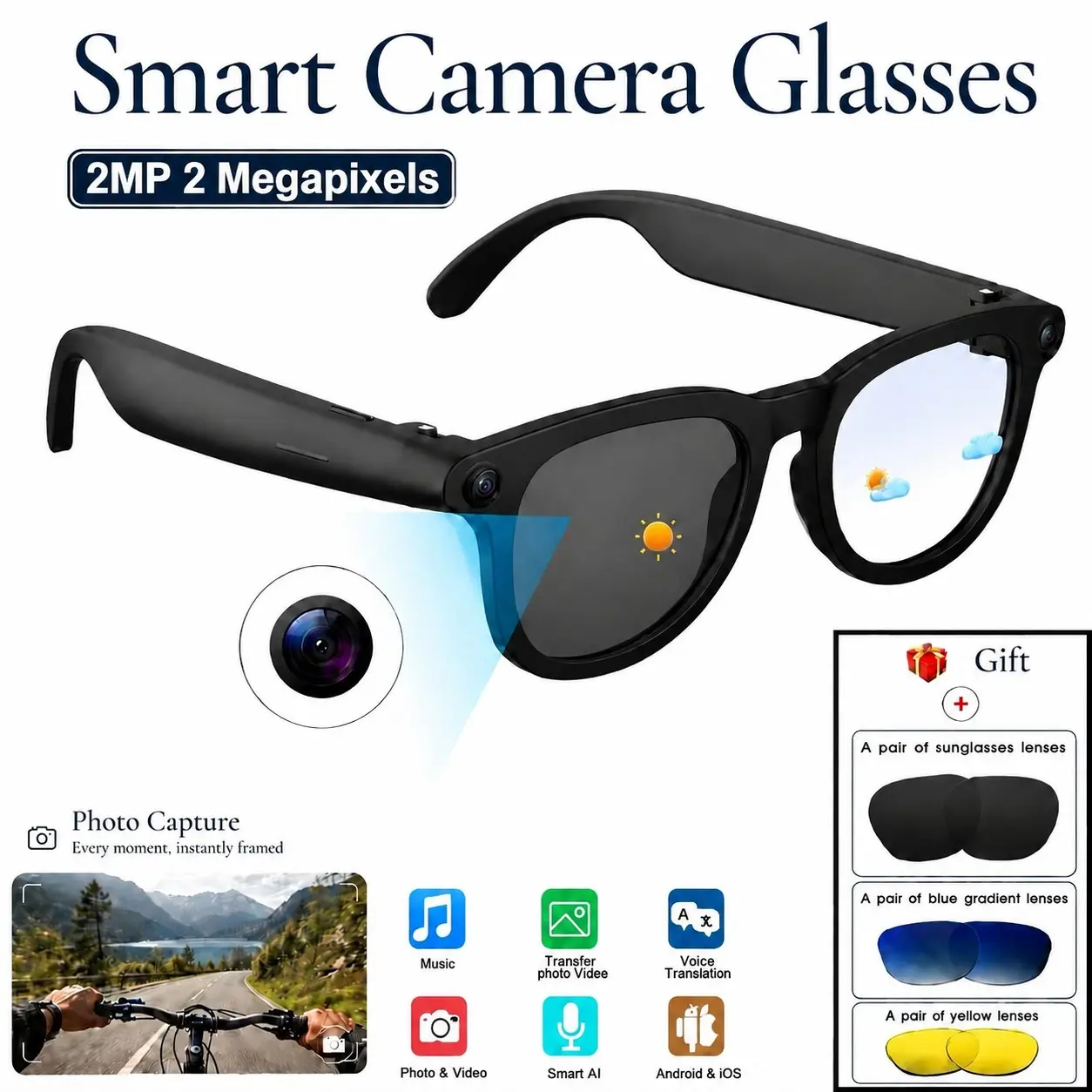 Photography AI intelligent Bluetooth glasses, with three/two pairs of replacement lenses as a gift, capable of recording photos and videos, UV protection, blue light filtering, enhanced lighting, and real-time language translation