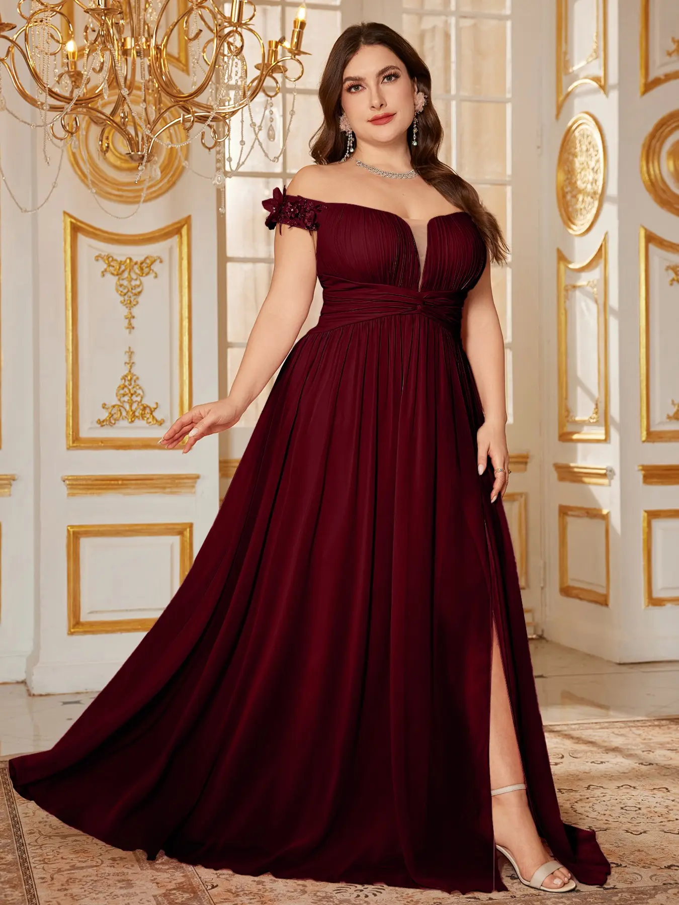 Elegant Off-Shoulder Maxi Dress, Short Sleeve Plain Chiffon Formal Party Gown, High Slit Waist Cinch Evening Wear, Evening Party Dresses, All Seasons Fashion