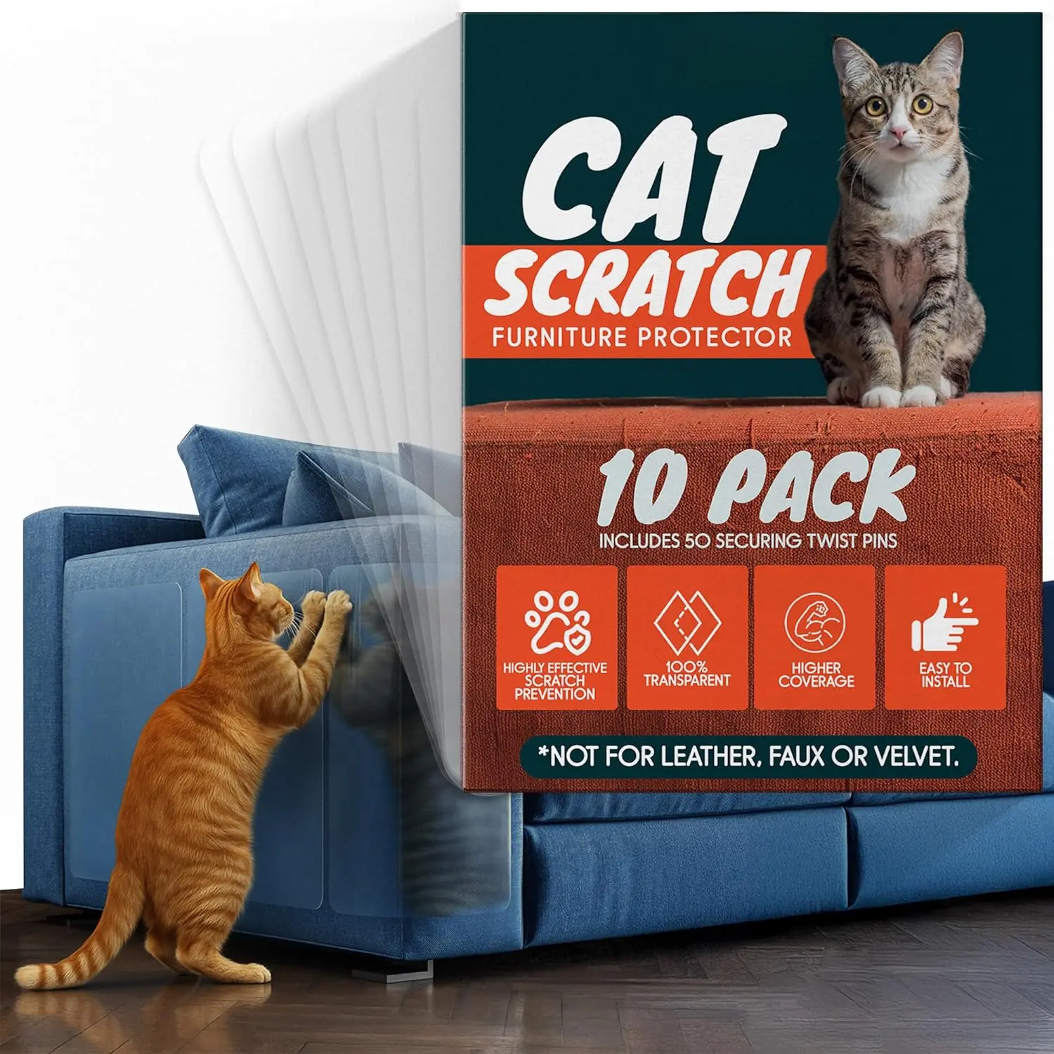Plastic Bendable Anti-Cat Scratch Furniture Protector, 10-Pack Couch Shield - Heavy-Duty, Easy-to-Apply Deterrent for Sofa Corners - Includes 50 Twist Pins