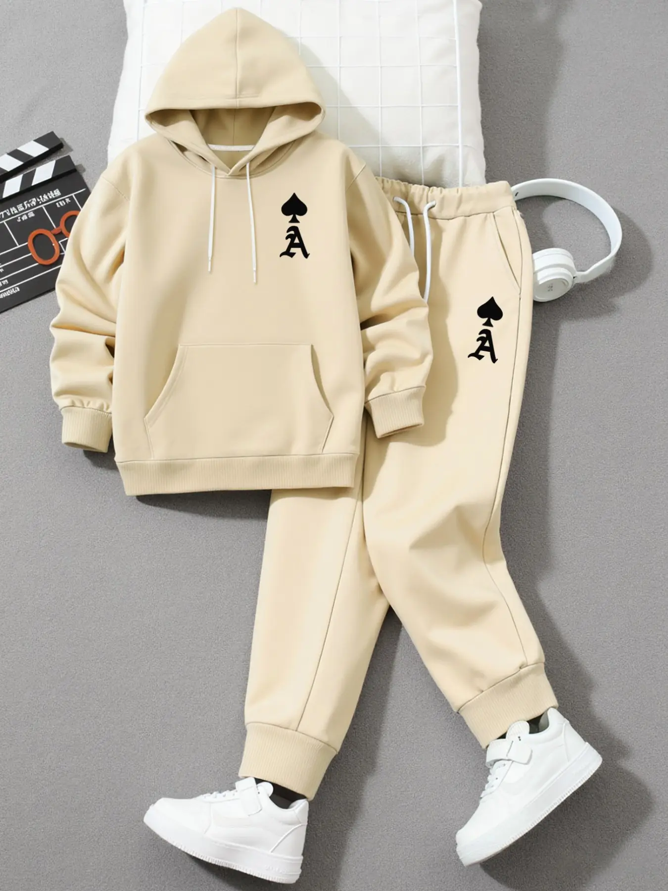 Two-Piece Sports Set, Ace Print Hoodie and Drawstring Long Pants, Casual Long Sleeve Streetwear for Fall & Winter, Tracksuit