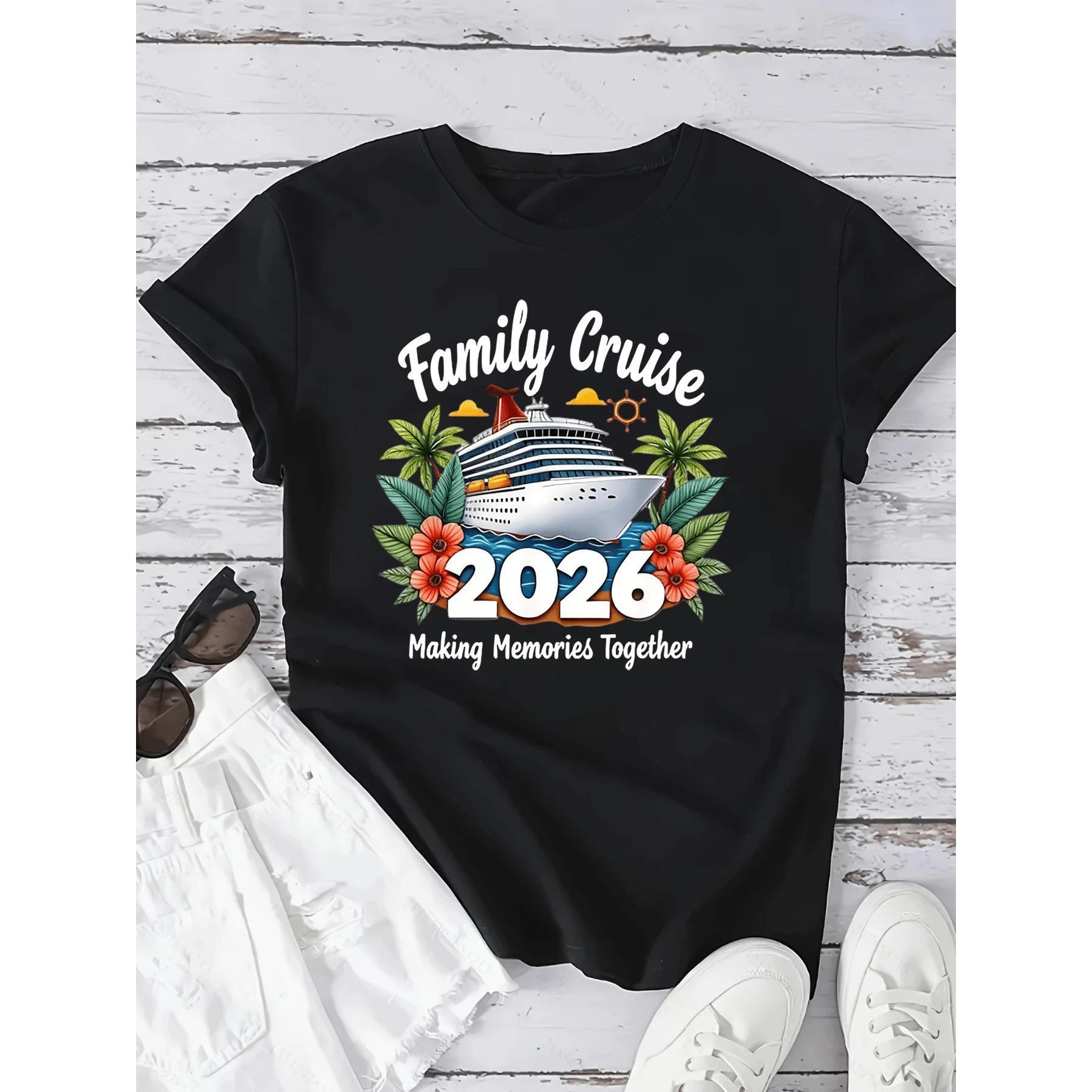 Trending White Tops for Family Cruise 2026 Matching Tees Women’s Round Neck Short Sleeve Graphic T-Shirts for Vacation
